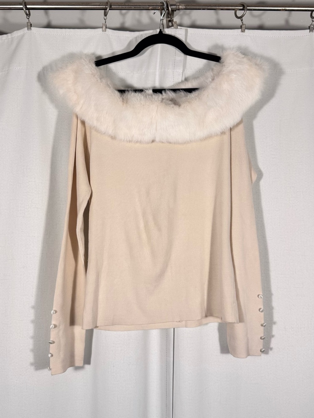 WHBM Ivory Off Shoulder Knit Top With Rabbit Fur Trim